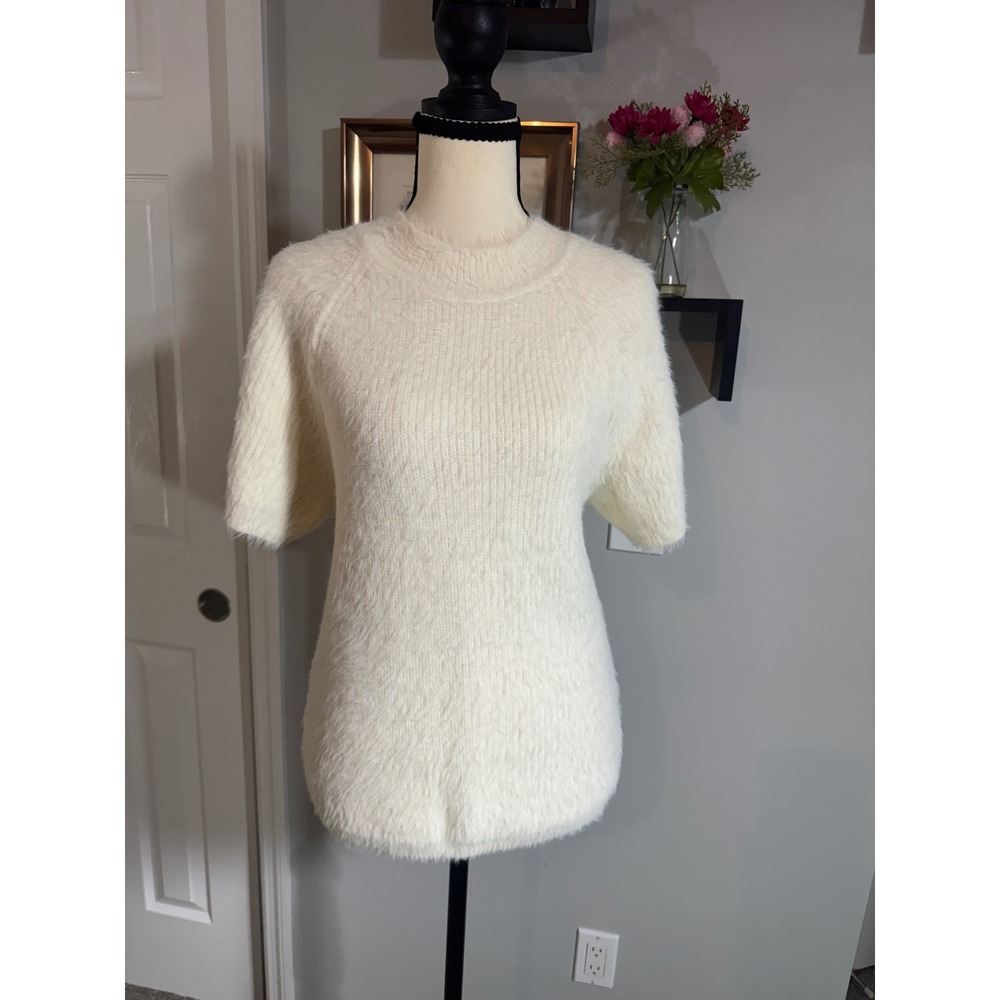 Scoop Women's Cream Fuzzy Eyelash Knit Short Sleeve Sweater Top Large